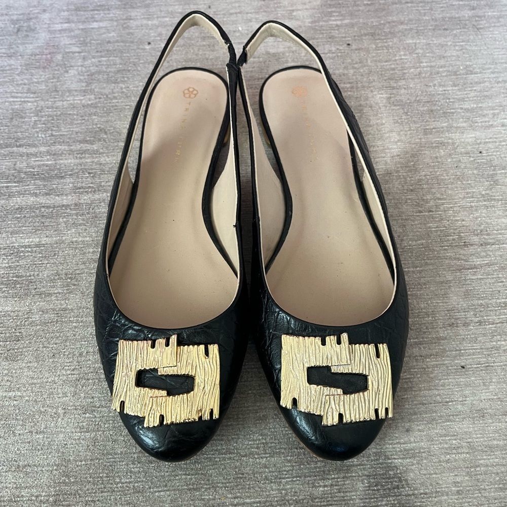 Trina Turk St. Helena Black Leather Gold Hardware Slingback Flat Size 7